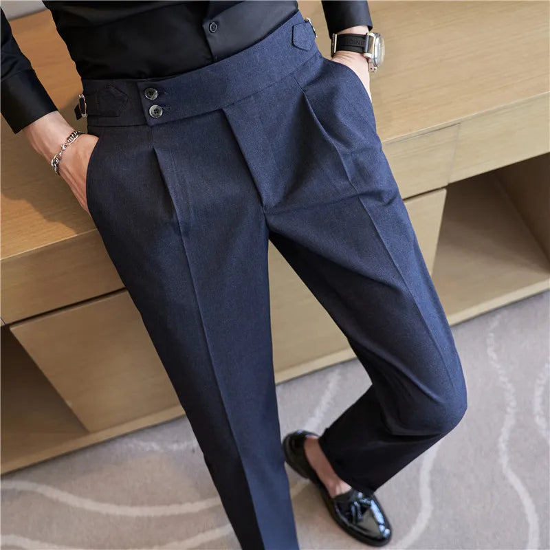 Hehope Men High Waist Casual Dress Pant 2023 Autumn New British Style Pink Trousers Formal Office Social Wedding Party Dress Suit Pants