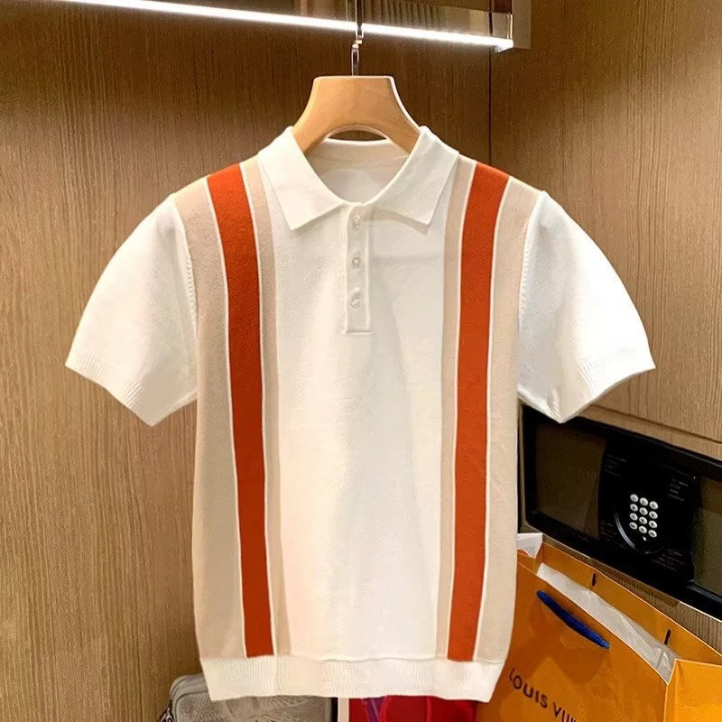 Hehope High Quality Knit Slim Polo Shirt Mens Vintage Striped Embroidery Knitted Tops Summer Casual Turn-down Collar Short Sleeve Polo