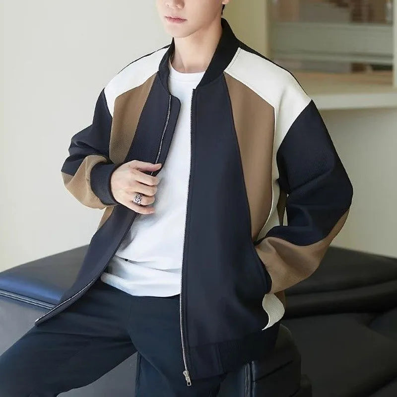 Hehope Spring and Autumn Fashion Trend High End Wrinkle Resistant Panel Contrast Loose Versatile Casual Round Neck Men's Baseball Coat