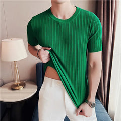 Hehope Men's Summer Casual Short Sleeve T-shirt /Male Slim Fit Striped Round Collar High Elastic Force Knit T-shirts Green Tees S-4XL