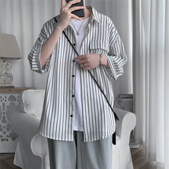 Hehope New Summer Striped Cargo Shirts Men Causal Three Quarter Sleeve Men's Oversized Japanese Vintage Loose Blouses