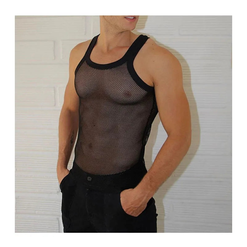 Hehope Men's Sexy Mesh Casual Vest Summer Beach Cutout Mesh T-shirt Comfortable Breathable Cool Men's Vest Muscular Men Tight Vest