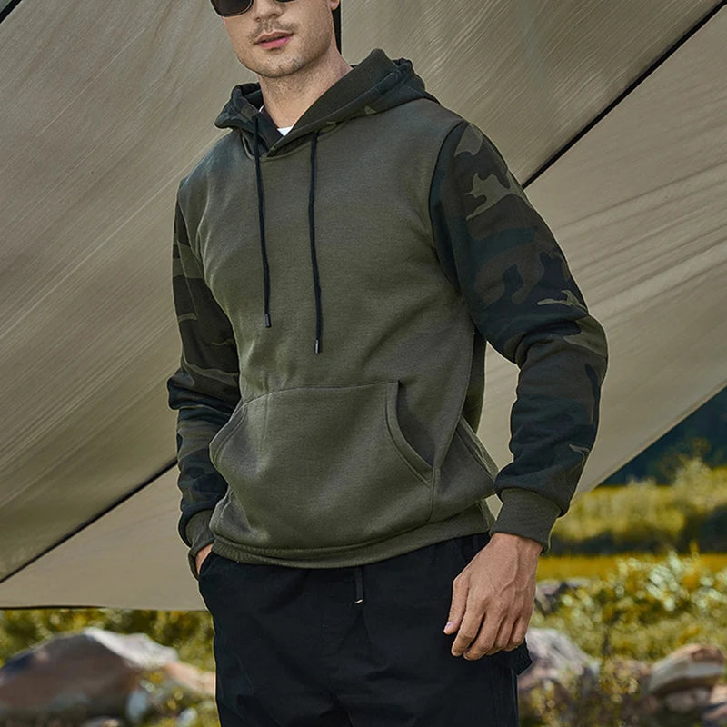 Hehope Spring Autumn Camouflage Spliced Loose Casual Hoodies Male Comfortable Fashion All-match Pullover Top Men Pocket Hooded Outwear