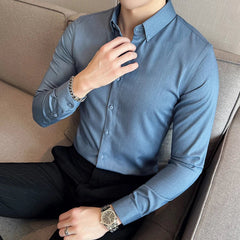 Hehope Longsleeve Shirts for Men Spring New High Quality Business Casual Stretch Slim Fit Solid Color Formal Shirts Mens Clothing