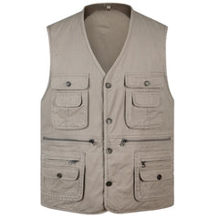 Hehope New Classic Summer Men Vest Cotton Button Multi Pocket Sleeveless Jacket Coat Solid Color Outdoor Fishing Waistcoat Plus Size