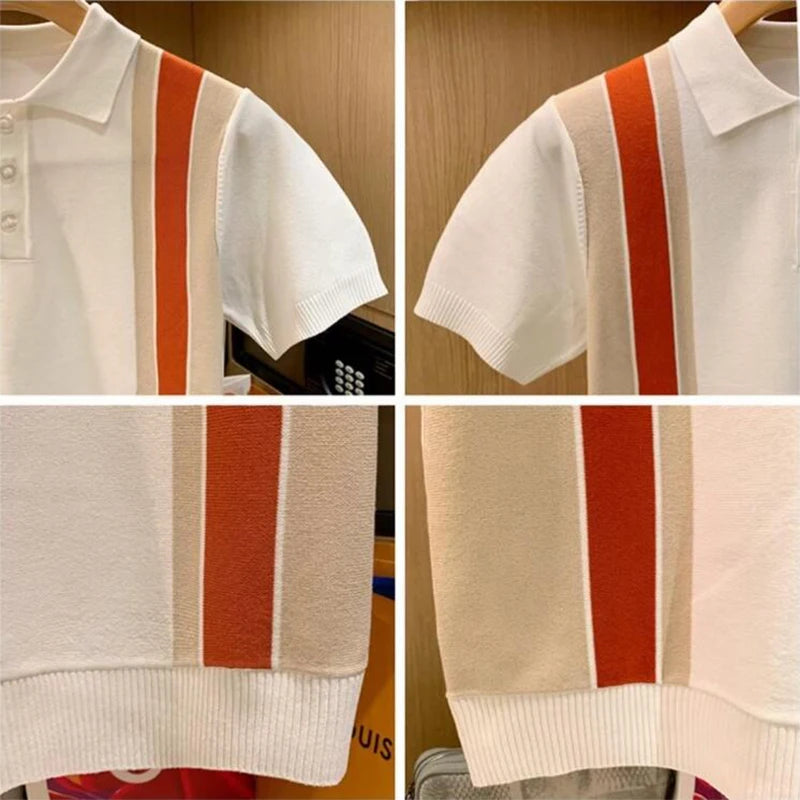 Hehope High Quality Knit Slim Polo Shirt Mens Vintage Striped Embroidery Knitted Tops Summer Casual Turn-down Collar Short Sleeve Polo