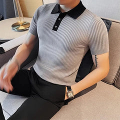 Hehope Summer Men's Knitting Short Sleeve Solid Polo Shirts Sports Golf Business Slim Fit Polo Shirt Fashion Classic Polo Shirt S-4XL