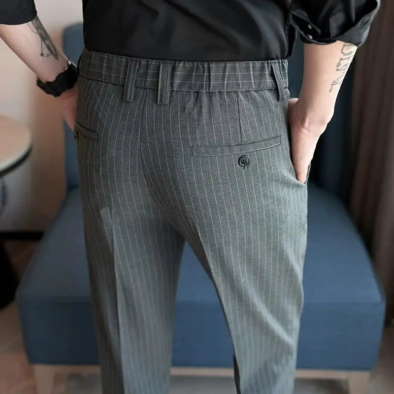 Hehope Summer New Striped Suit Pants Men's Slim Fit Ankle Length Straight Elasti Casual Pants Fashion Business Social Dress Pant