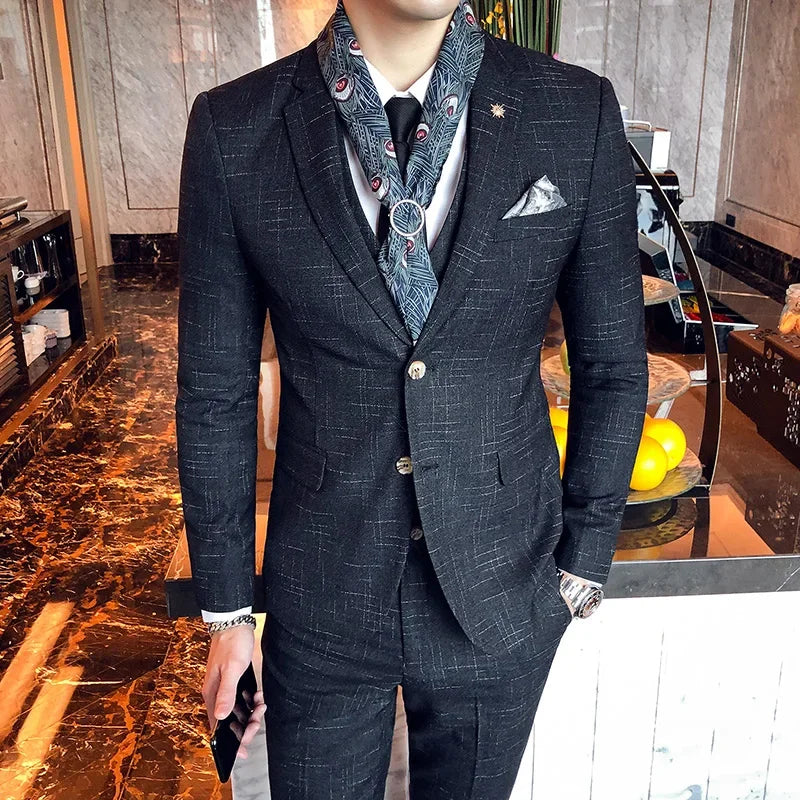 Hehope (Blazer + Vest + Trousers) Italian Style Elegant and Fashionable Business Men's Gentleman Striped Formal Suit 3-piece