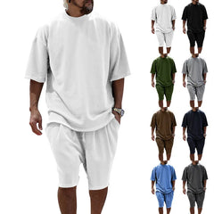 Hehope 2024 Summer New Large Cotton Men Set Casual Sports Round Neck Solid Color Loose Male Two Piece Set