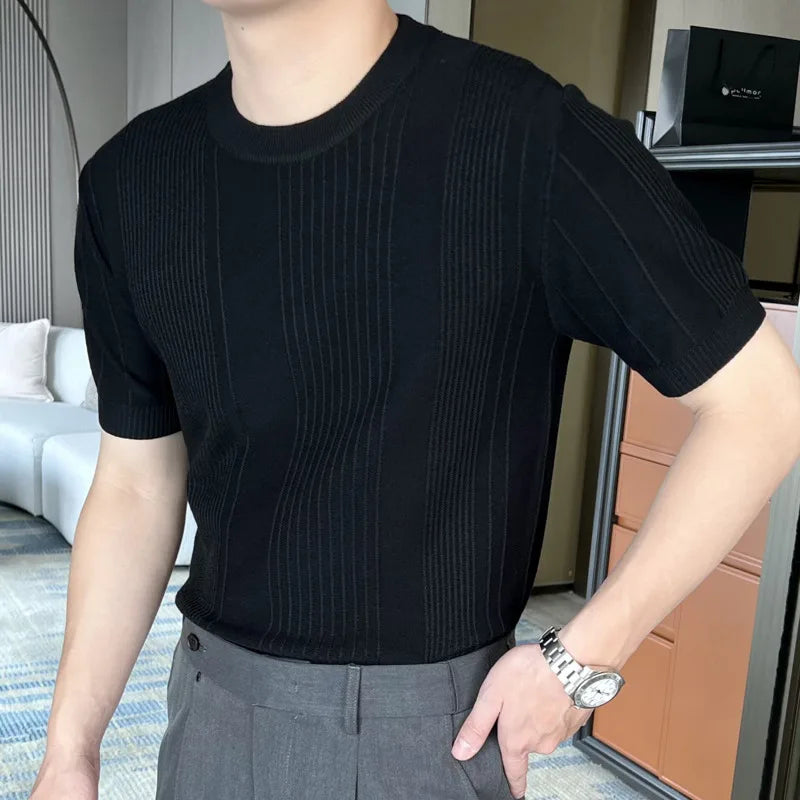 Hehope Knitted Short Sleeved T-shirt Men Summer Streetwear Korean Solid Color Top Camisa Masculina Tee Shirt Homme Black White