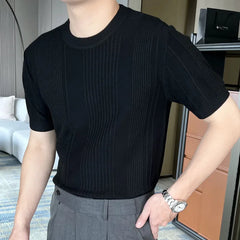 Hehope Knitted Short Sleeved T-shirt Men Summer Streetwear Korean Solid Color Top Camisa Masculina Tee Shirt Homme Black White