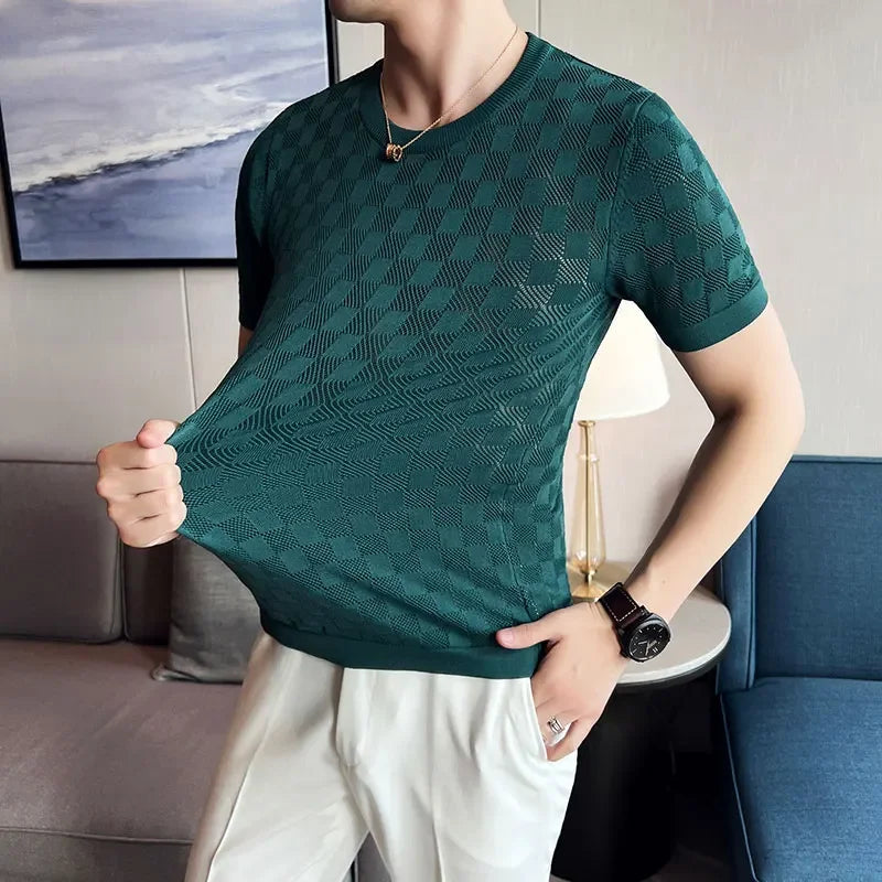 Hehope Men's Short Sleeve T-shirt Summer Thin High Elastic Slim Fit Knit Tee Shirts Tops O Neck  Solid Casual Fashion Men Clothing