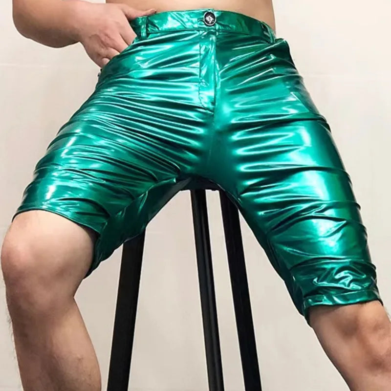 Hehope Shinny Leather Short Sexy Nightclub Multicolor Elasticity Slim Men Motorcycle Shorts Men's DS Costumes Anti-bright PU Pant