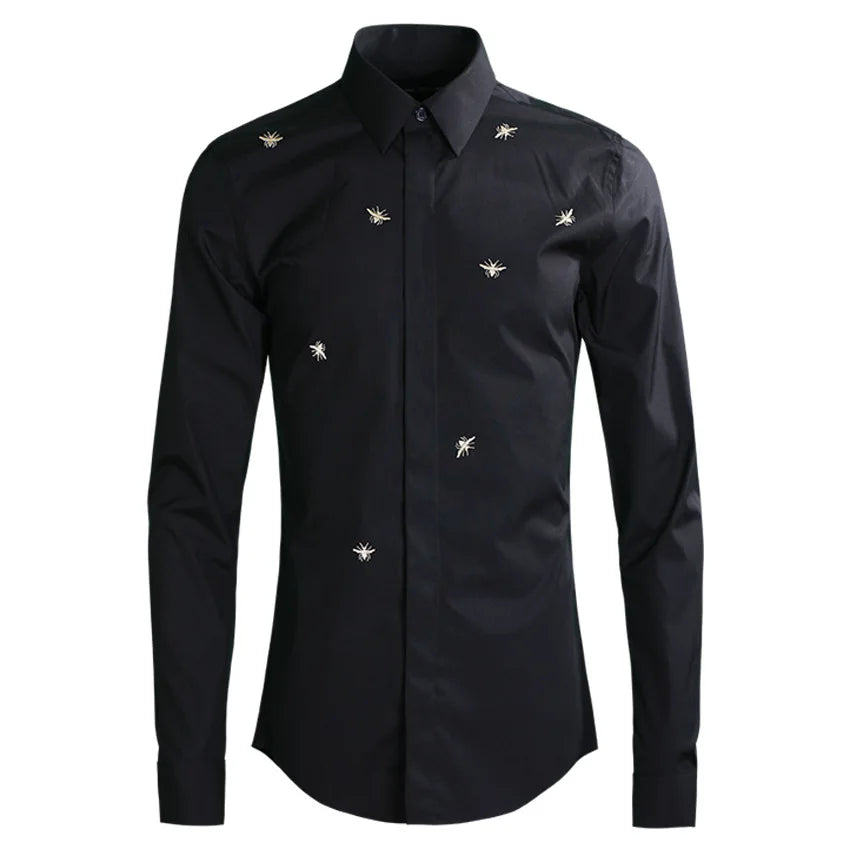 Hehope Bee Embroidery Men's Shirt Long Sleeve Business Formal Dress Shirts Casual Slim Fit Social Party Stage Star Chemise Homme