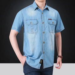 Hehope Summer New Simple Polo Collar Men Denim Short Sleeve Shirt Comfortable Thin Mens Top Casual Loose Male Shirts