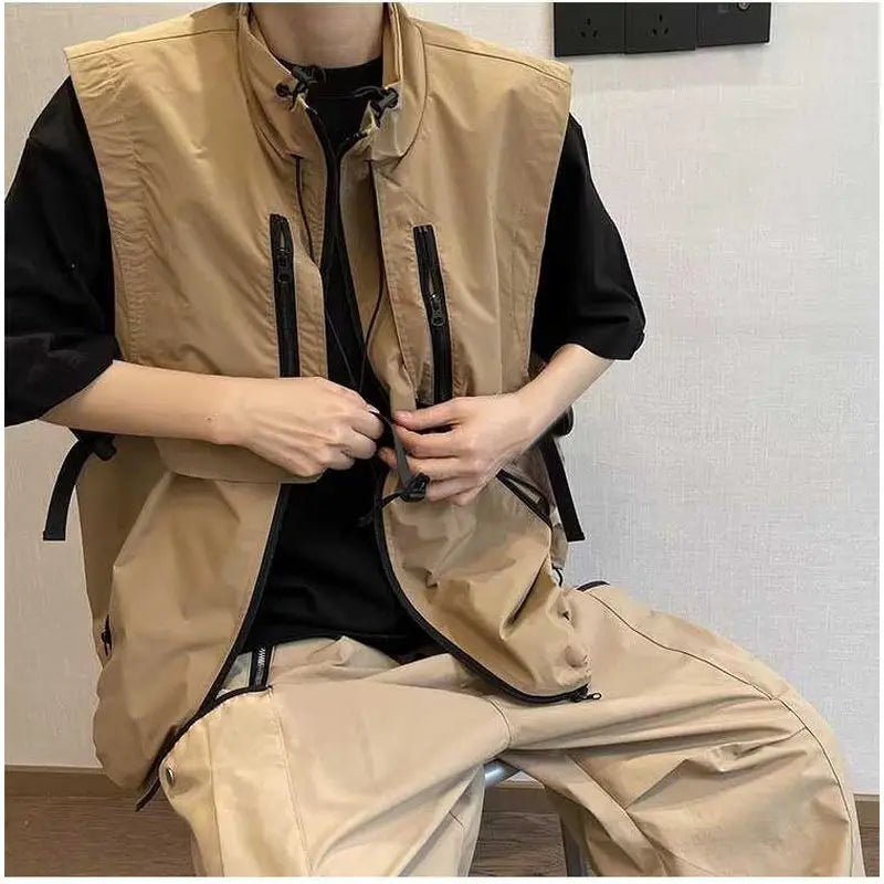 Hehope Spring and Autumn 2024 Men's New Patchwork Stand Collar Zipper Pocket Drawstring Fashion Solid Color Loose Sleeveless Vest Coats