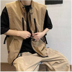 Hehope Spring and Autumn 2024 Men's New Patchwork Stand Collar Zipper Pocket Drawstring Fashion Solid Color Loose Sleeveless Vest Coats