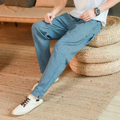 Hehope Vintage Chinese Summer Casual Pants Men Solid Thin Cotton Hemp Pocket Elastic Waist Drawstring Straigh Loose Haren Trousers