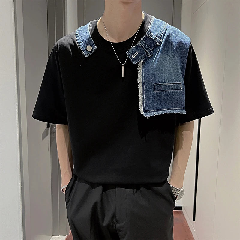 Hehope Korean Fake Two-piece Denim Patchwork T-shirt Men Summer Short Sleeve Loose Casual Tshirts Social Streetwear Harajuku T-shirt