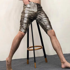 Hehope Gold Silver Snake Pattern Shinny Leather Shorts Men's Costumes Anti-bright PU Shorts Sexy Nightclub Elasticity Motorcycle Shorts