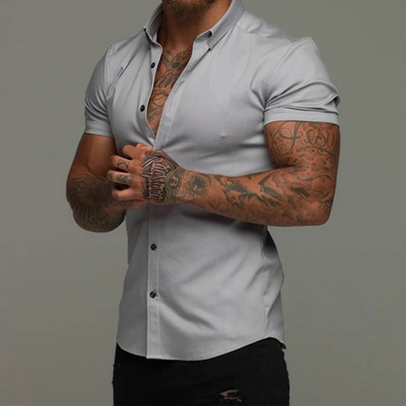 Hehope Muscle Men Fitness Sports Leisure Elastic Shirt Solid Lapel Button Business Streetwear Fashion Trend Summer New Short Sleeve Top