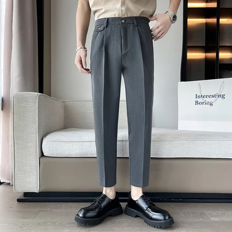 Hehope Summer Solid Color Suit Pants Men Slim Fashion Social Mens Dress Pants Korean Straight Casual Pants Mens Office Formal Pants