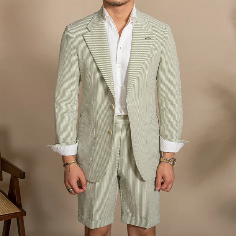 Hehope High Quality Grooms Suit Summer Men Tuxedo Suit British Seersucker Suit Korean Vintage Suit Shorts 2-piece Set Trajes