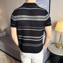 Hehope Men Knitted Polo Shirt 2024 Summer New Thin Striped Jacquard Patchwork Color Short Sleeved Casual V-neck T-shirt Men Clothing