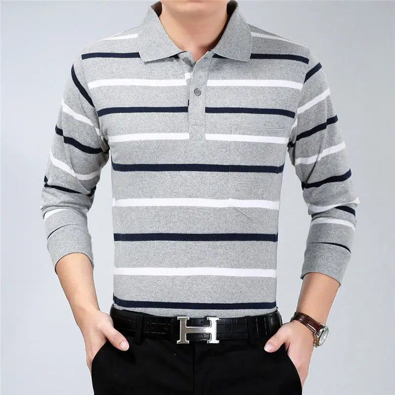 Hehope Fashion Men New Business Striped Polo Shirts Korean Spring Autumn Casual Long Sleeve Lapel Pockets Male Clothes Cotton Tops