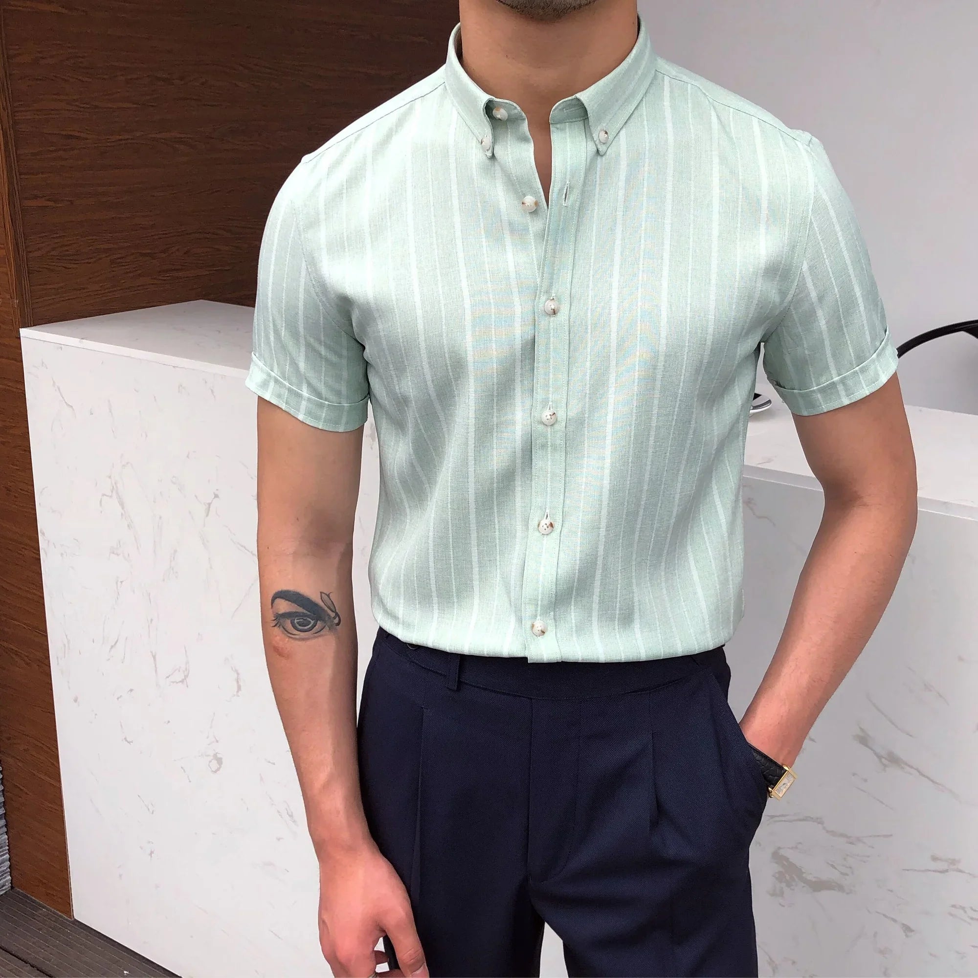 Hehope Italian Summer Men Short Sleeve Striped Shirt British Casual Slim Shirt Retro Shirt Dress Camisa Masculina Social Summer