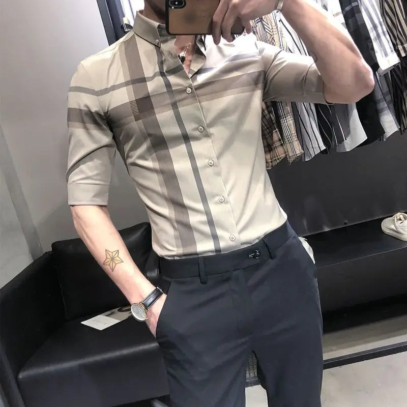 Hehope Korean Trendy Summer New Short Sleeve Plaid Shirt Men Stand Collar Button Casual Fashion Versatile Slim Quarter Sleeves Thin Top