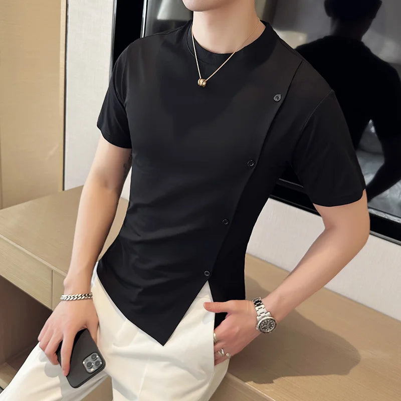 Hehope Summer Button Decoration T-shirts Men Short Slleeve Slim Appear Thin O-neck Tee Tops Casual Streetwear T Shirt Men Clothing