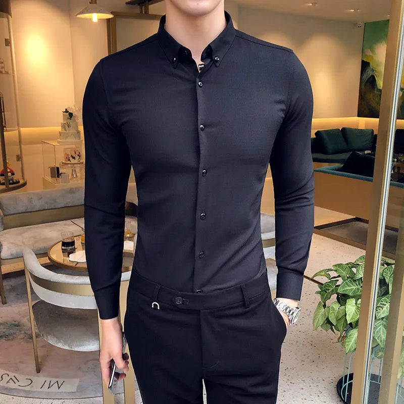 Hehope Mens Exquisite Solid Color Shirt Yingya Gentleman Style Youth High-quality Long-sleeved Business Men's Casual Slim-fit Shirt