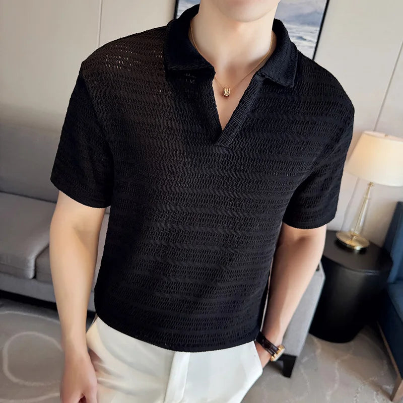 Hehope Men's Knitted V-neck Polo Shirt 2024 Summer New Breathable Hollow Out Solid Color Casual Short Sleeved T-shirt Men's Clothing