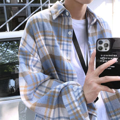 Hehope Autumn Thick Woolen Shirt Men Fashion Retro Casual Oversized Plaid Shirts Mens Korean Blue/Green Loose Long-sleeved Shirt Men