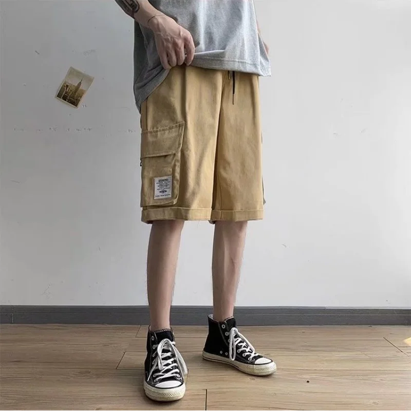 Hehope Summer Youth Loose Oversized Men's Clothing Solid Color Elastic Waist Spliced Pocket Fashion Casual Trend All-match Cargo Shorts