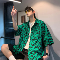 Hehope Korean Fashion Leopard Print Ice Silk Short Sleeve Shirt Men Summer Streetwear Hip Pop Loose Half Sleeve Floral Mens Shirts