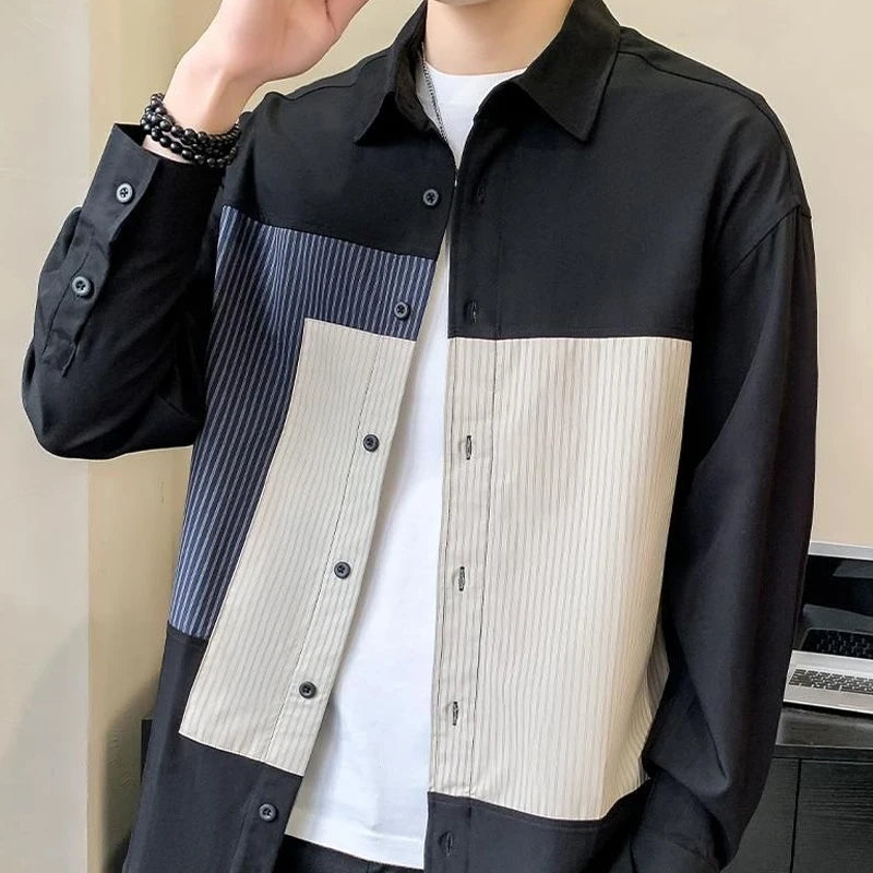 Hehope Long Sleeve Turn-down Collar Loose Handsome Button Spring Summer Patchwork Striped Shirts Business Casual Fashion Men's Clothing