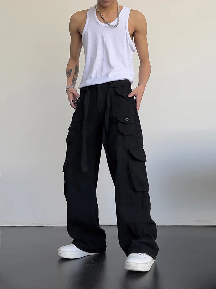 Hehope High street retro casual large pocket overalls men's and women's new summer high waist loose straight tube draped wide leg pants