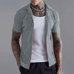 Hehope 2024 Summer Men's Casual Shirts Striped Short Sleeve Buttoned Lapel Shirt Men Tops Stylish Slim Cardigan Shirt Male Streetwear