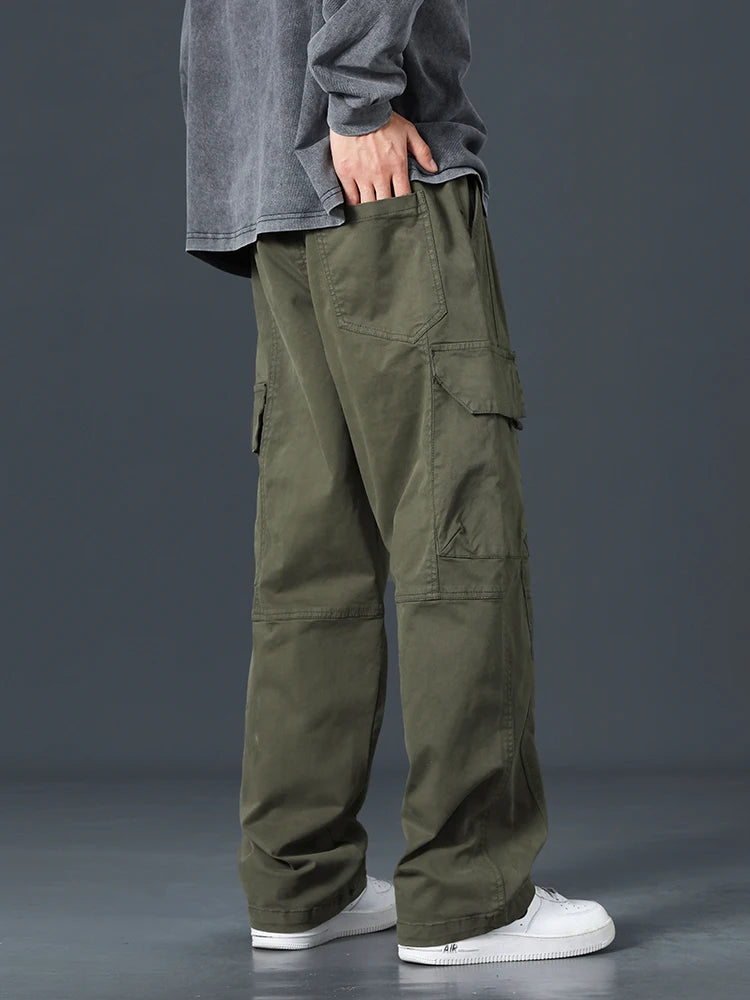 Hehope Spring Summer Baggy Cargo Pants Men Multi-Pockets Drawstring Straight Long Casual Pants Male Cotton Loose Trousers Plus Size 8XL