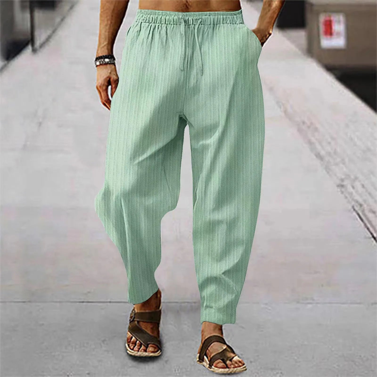 Hehope New Spring Summer Men's Stripe Cotton Linen Pants Solid Color Fashion Casual Loose Hip Hop Breathable Trousers Streetwear S-3XL