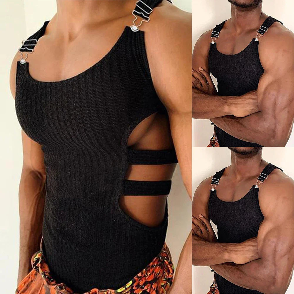 Hehope Mens Knitted Slim Crop Tops Fashion Side Hollow Sleeveless Adjustable Vests Erotic Sweatshirt Muscle Tank T Shirt Muscle Vest