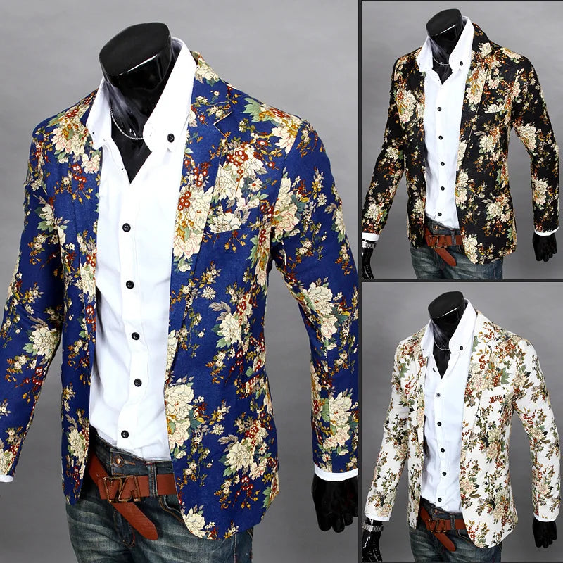 Hehope New Male Retro Vintage Casual Blazer Beauty Print Design Mens Fashion Suit Jacket Singer Costume fashion nightclub dance Coat