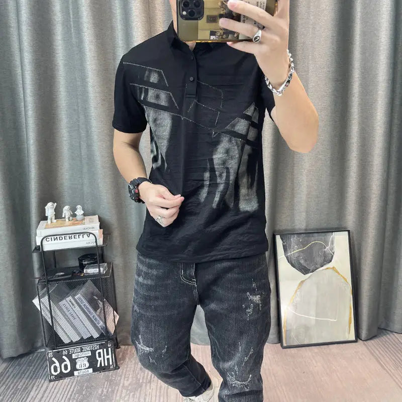 Hehope Men's Clothing Turn-down Collar Simplicity Short Sleeve Button Solid Color Loose Pullovers Fashion Casual T-Shirts Summer