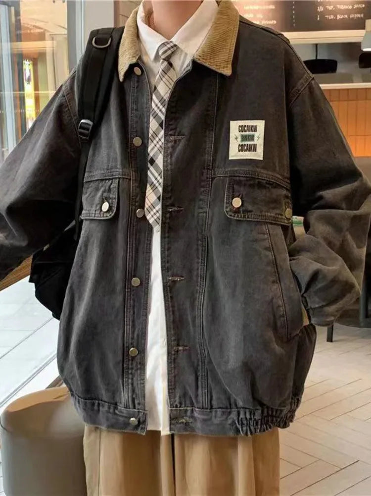 Hehope Japan Retro Lapel Denim Jacket Cityboys Punk Loose Jacket Autumn Hong Kong Style Hip Hop Handsome Stitching Jeans Coat