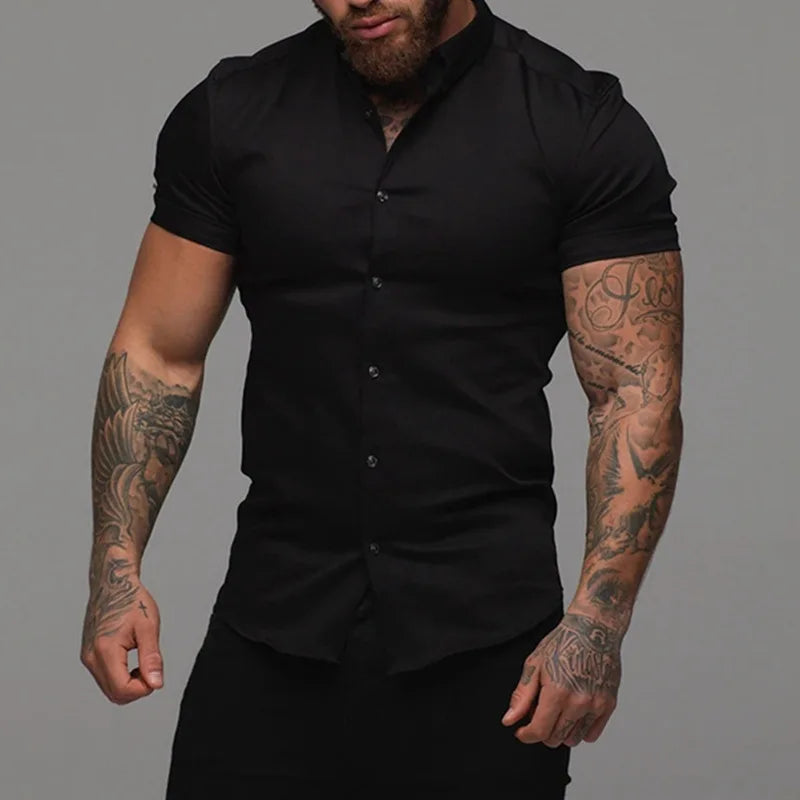 Hehope Muscle Men Fitness Sports Leisure Elastic Shirt Solid Lapel Button Business Streetwear Fashion Trend Summer New Short Sleeve Top