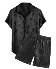 Hehope Two Piece Set Jacquard Silky Satin Floral Print Rose Pattern Short Sleeve Shirt with Elastic Mid-waist Shorts Set