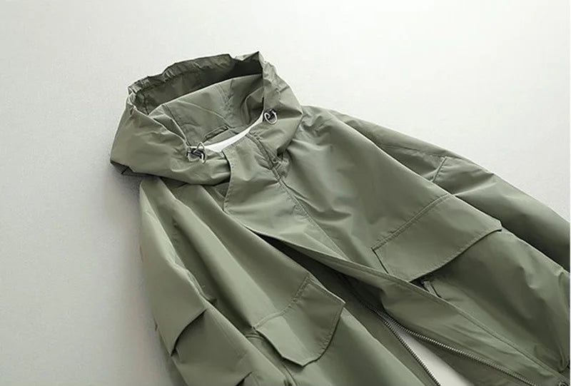 Hehope Oversized Army Green Hooded Bomber Jacket Men Women Harajuku Long Sleevd Zipper Solid Cargo Coats Outdoor Loose Autumn Coats